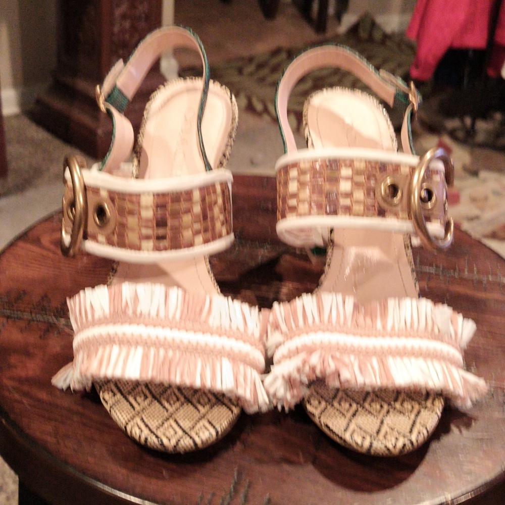 FINAL PRICE Coach Women's Green Tan and White Sandals w Chunky Heels 8.5 - Picture 9 of 13